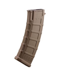 Front view of D-Day AK74 DMAG variable-cap magazine in tan for airsoft